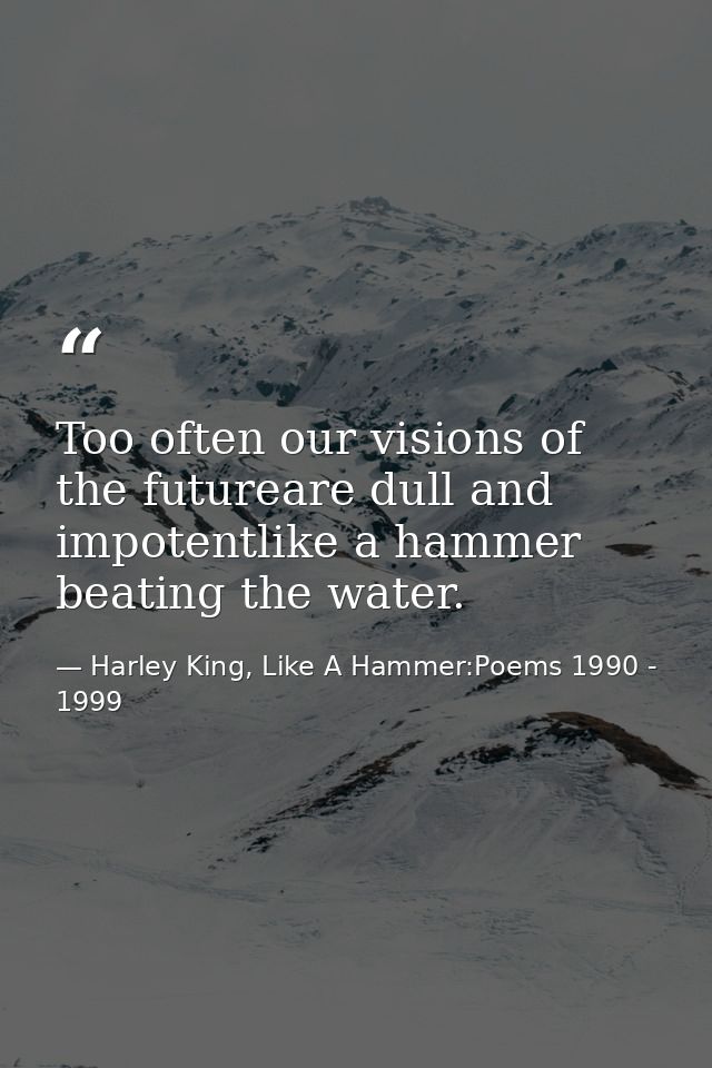 Too often our visions of the futureare dull and impotentlike a hammer beating the water. — Harley King, Like A Hammer:Poems 1990 - 1999