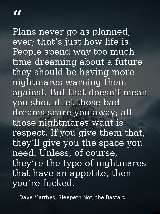 Plans never go as planned, ever; that’s just how life is. People spend way too much time dreaming about a future they sh — Dave Matthes, Sleepeth Not, the Bastard