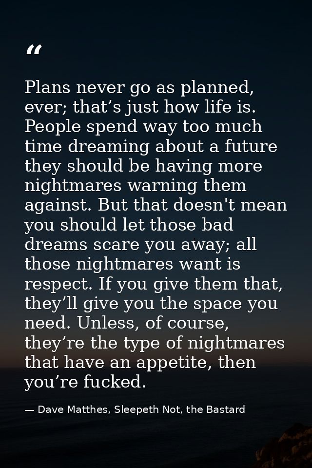 Plans never go as planned, ever; that’s just how life is. People spend way too much time dreaming about a future they sh — Dave Matthes, Sleepeth Not, the Bastard