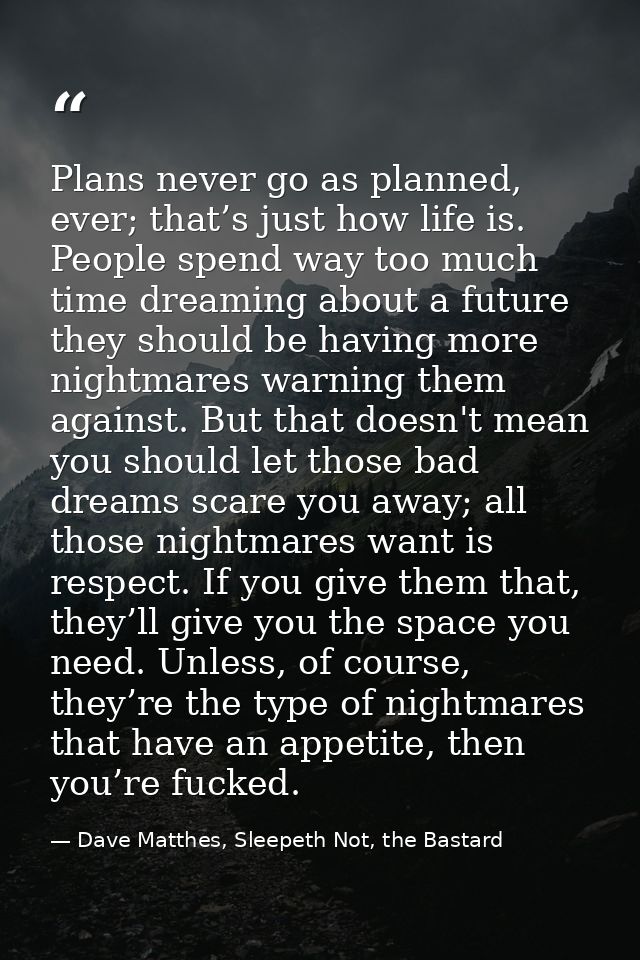 Plans never go as planned, ever; that’s just how life is. People spend way too much time dreaming about a future they sh — Dave Matthes, Sleepeth Not, the Bastard