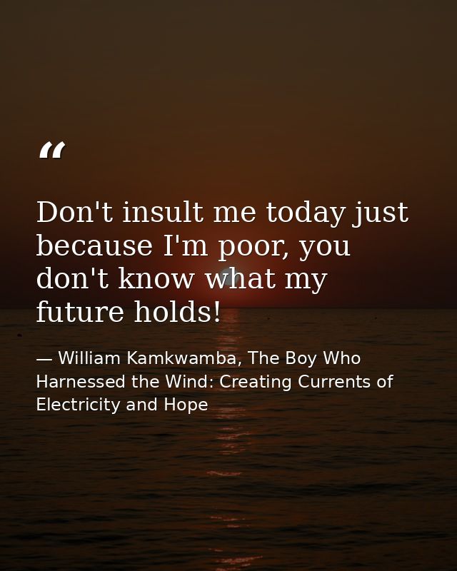 Don't insult me today just because I'm poor, you don't know what my future holds! — William Kamkwamba, The Boy Who Harnessed the Wind: Creating Currents of Electricity and Hope