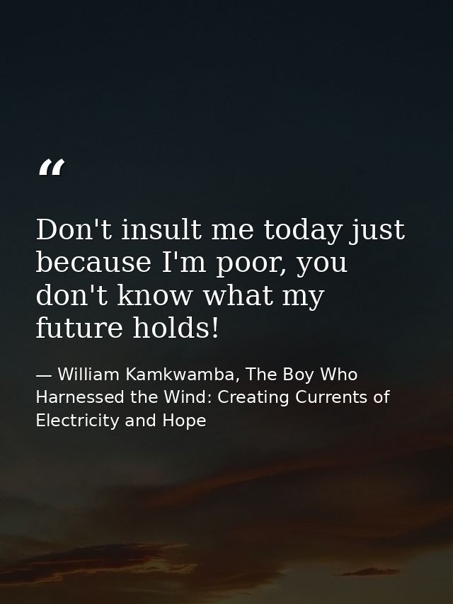 Don't insult me today just because I'm poor, you don't know what my future holds! — William Kamkwamba, The Boy Who Harnessed the Wind: Creating Currents of Electricity and Hope