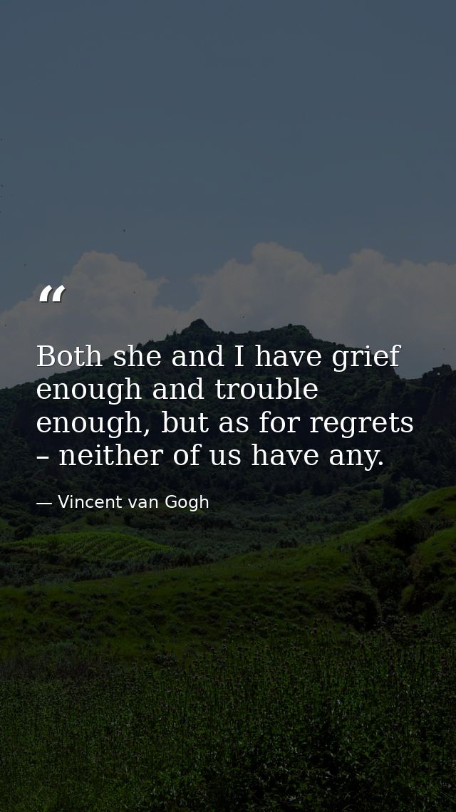 Both she and I have grief enough and trouble enough, but as for regrets – neither of us have any. — Vincent van Gogh