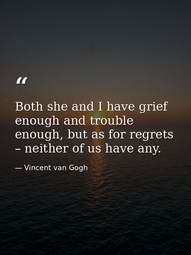 Both she and I have grief enough and trouble enough, but as for regrets – neither of us have any. — Vincent van Gogh