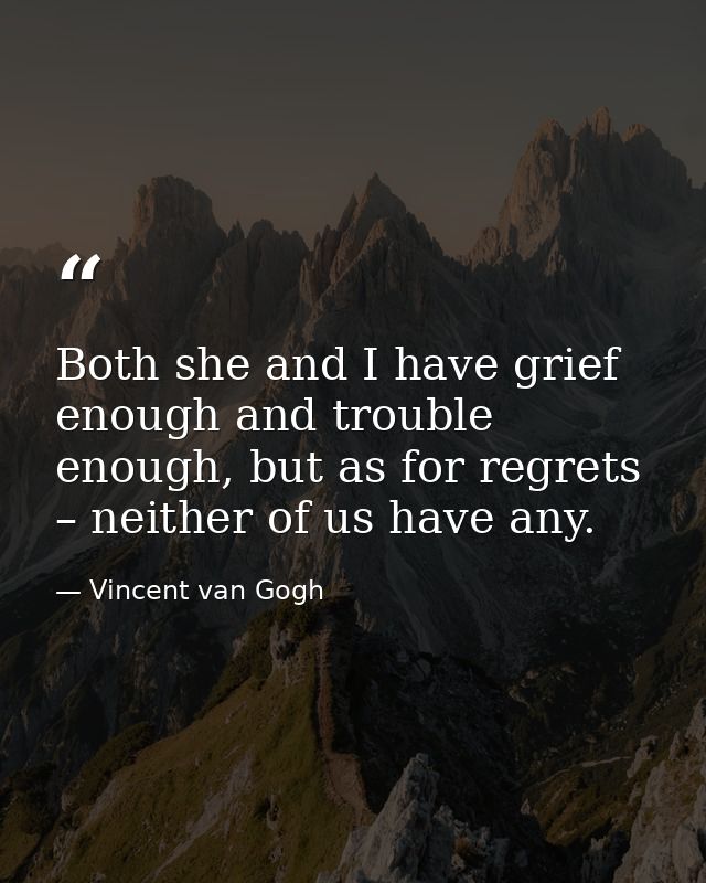 Both she and I have grief enough and trouble enough, but as for regrets – neither of us have any. — Vincent van Gogh