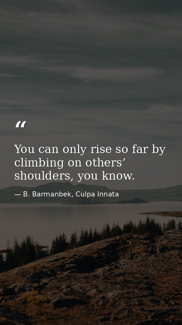 You can only rise so far by climbing on others’ shoulders, you know. — B. Barmanbek, Culpa Innata