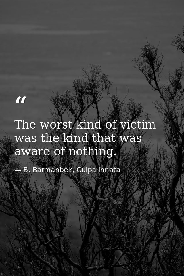 The worst kind of victim was the kind that was aware of nothing. — B. Barmanbek, Culpa Innata