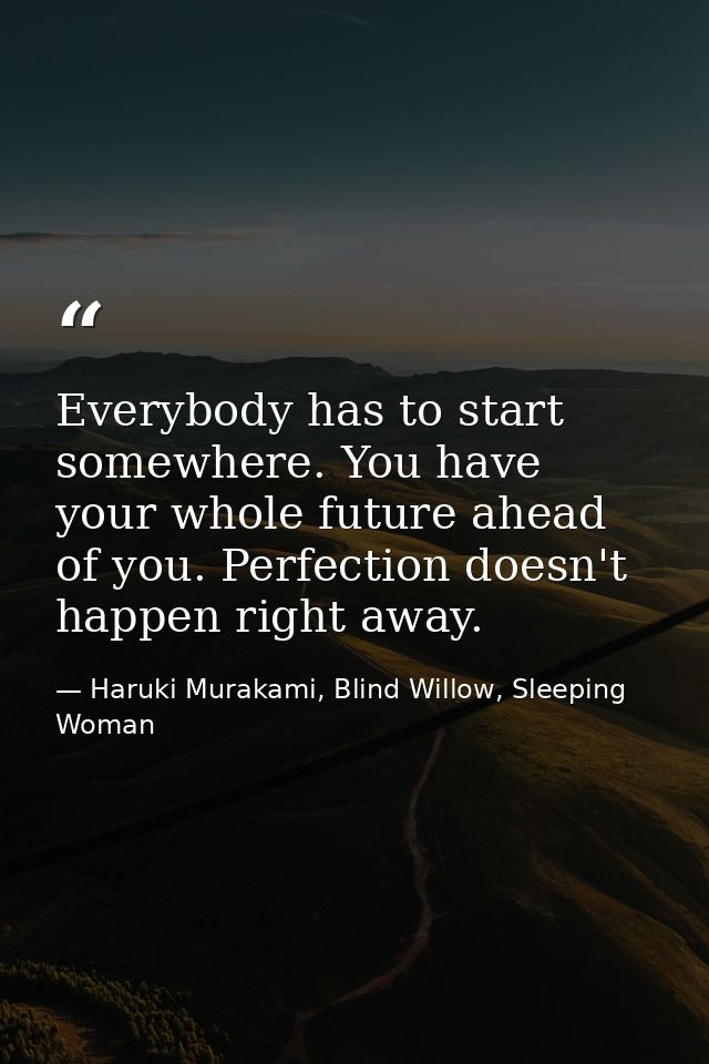 Everybody has to start somewhere. You have your whole future ahead of you. Perfection doesn't happen right away. — Haruki Murakami, Blind Willow, Sleeping Woman