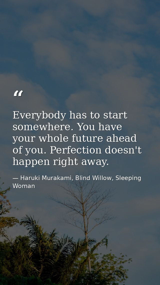 Everybody has to start somewhere. You have your whole future ahead of you. Perfection doesn't happen right away. — Haruki Murakami, Blind Willow, Sleeping Woman