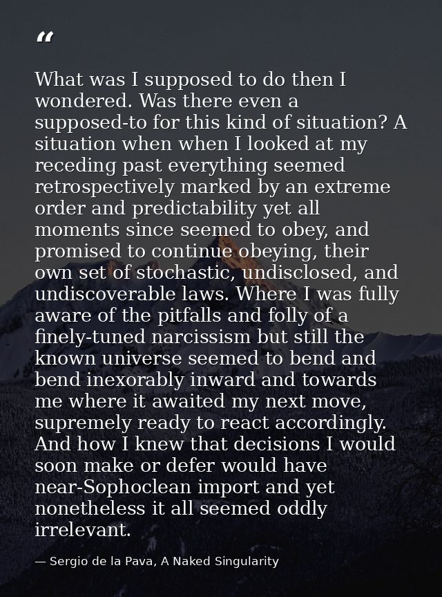 What was I supposed to do then I wondered. Was there even a supposed-to for this kind of situation? A situation when whe — Sergio de la Pava, A Naked Singularity