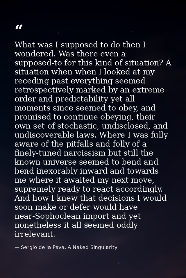 What was I supposed to do then I wondered. Was there even a supposed-to for this kind of situation? A situation when whe — Sergio de la Pava, A Naked Singularity
