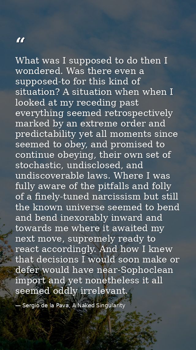 What was I supposed to do then I wondered. Was there even a supposed-to for this kind of situation? A situation when whe — Sergio de la Pava, A Naked Singularity