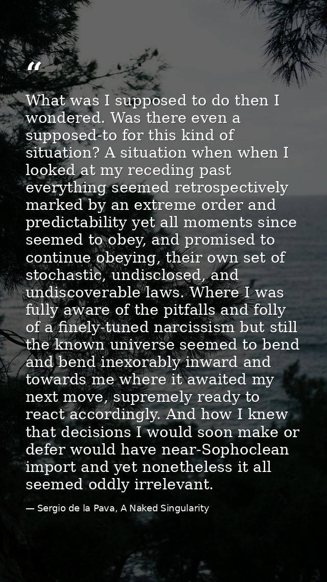 What was I supposed to do then I wondered. Was there even a supposed-to for this kind of situation? A situation when whe — Sergio de la Pava, A Naked Singularity