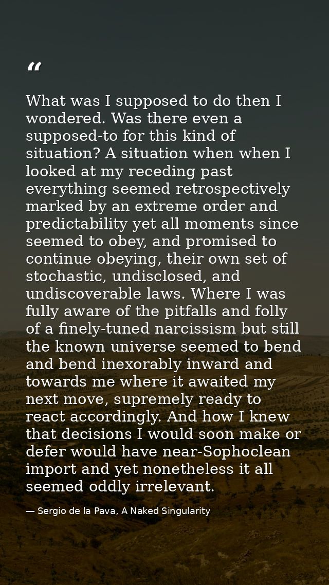 What was I supposed to do then I wondered. Was there even a supposed-to for this kind of situation? A situation when whe — Sergio de la Pava, A Naked Singularity