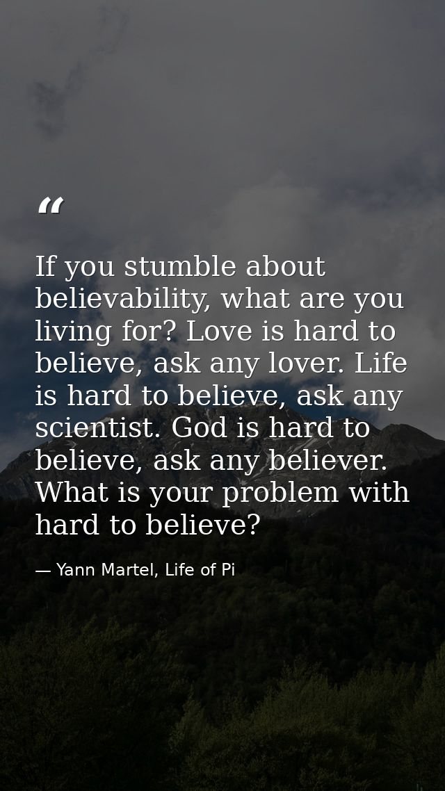 If you stumble about believability, what are you living for? Love is hard to believe, ask any lover. Life is hard to bel — Yann Martel, Life of Pi