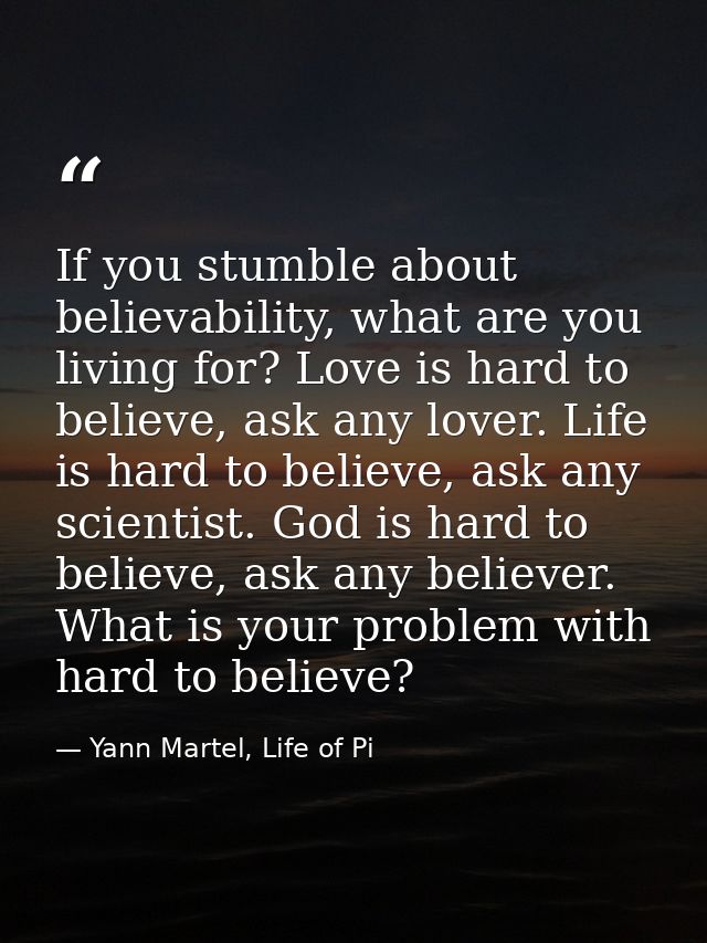 If you stumble about believability, what are you living for? Love is hard to believe, ask any lover. Life is hard to bel — Yann Martel, Life of Pi