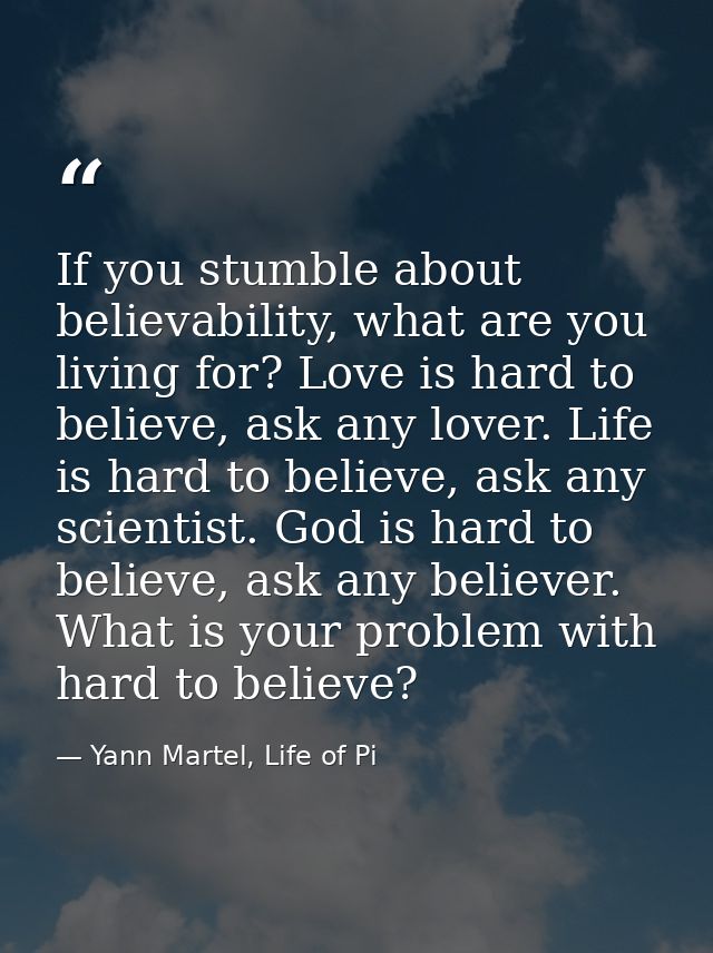 If you stumble about believability, what are you living for? Love is hard to believe, ask any lover. Life is hard to bel — Yann Martel, Life of Pi