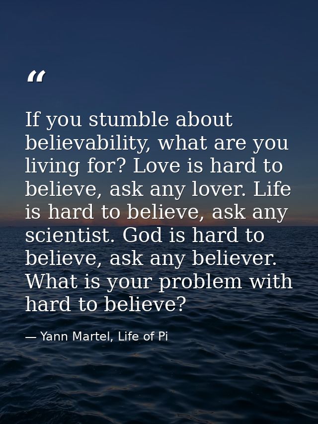 If you stumble about believability, what are you living for? Love is hard to believe, ask any lover. Life is hard to bel — Yann Martel, Life of Pi