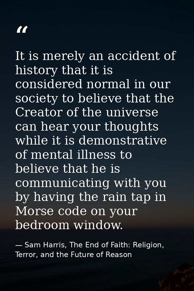 It is merely an accident of history that it is considered normal in our society to believe that the Creator of the unive — Sam Harris, The End of Faith: Religion, Terror, and the Future of Reason