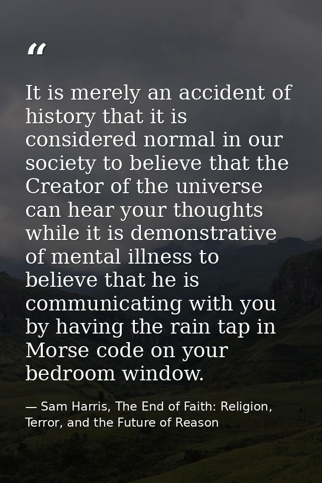 It is merely an accident of history that it is considered normal in our society to believe that the Creator of the unive — Sam Harris, The End of Faith: Religion, Terror, and the Future of Reason