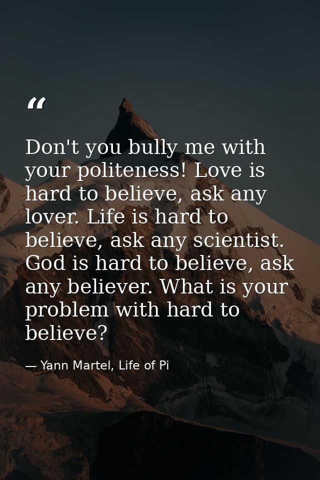 Don't you bully me with your politeness! Love is hard to believe, ask any lover. Life is hard to believe, ask any scient — Yann Martel, Life of Pi