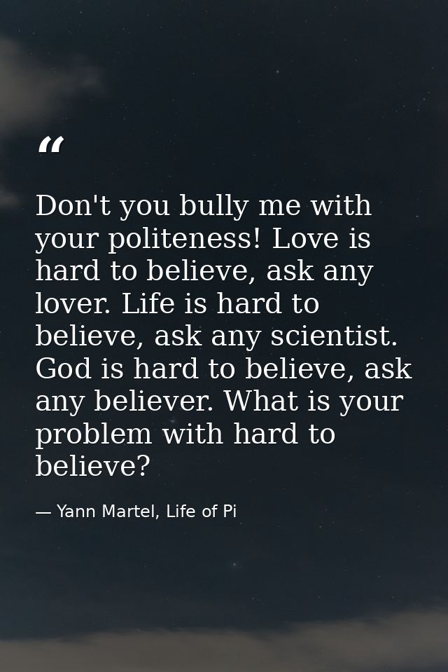 Don't you bully me with your politeness! Love is hard to believe, ask any lover. Life is hard to believe, ask any scient — Yann Martel, Life of Pi