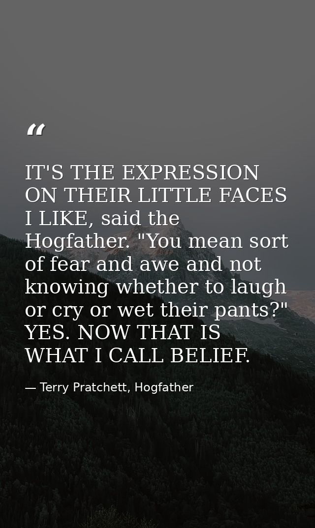 IT'S THE EXPRESSION ON THEIR LITTLE FACES I LIKE, said the Hogfather. "You mean sort of fear and awe and not knowing whe — Terry Pratchett, Hogfather