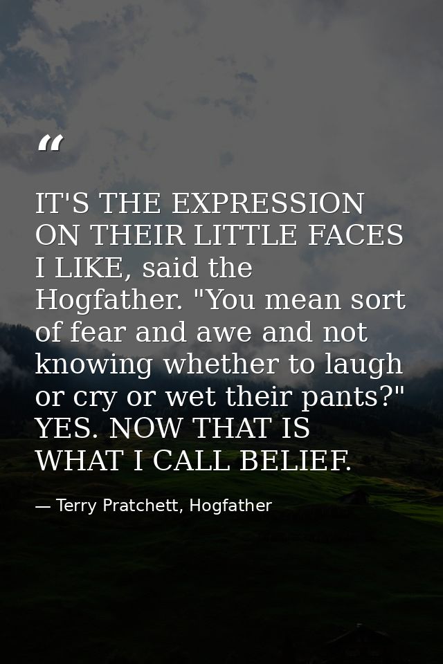 IT'S THE EXPRESSION ON THEIR LITTLE FACES I LIKE, said the Hogfather. "You mean sort of fear and awe and not knowing whe — Terry Pratchett, Hogfather