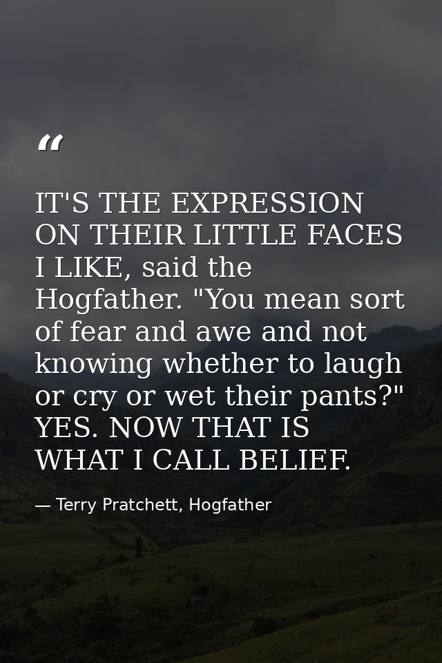 IT'S THE EXPRESSION ON THEIR LITTLE FACES I LIKE, said the Hogfather. "You mean sort of fear and awe and not knowing whe — Terry Pratchett, Hogfather