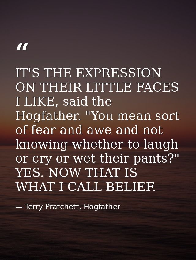 IT'S THE EXPRESSION ON THEIR LITTLE FACES I LIKE, said the Hogfather. "You mean sort of fear and awe and not knowing whe — Terry Pratchett, Hogfather