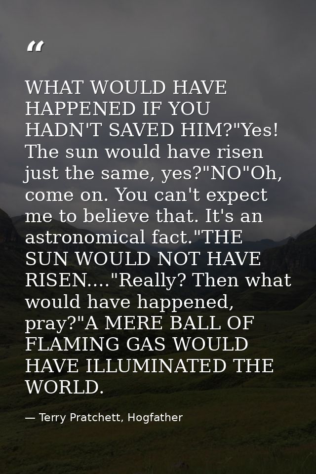 WHAT WOULD HAVE HAPPENED IF YOU HADN'T SAVED HIM?"Yes! The sun would have risen just the same, yes?"NO"Oh, come on. You  — Terry Pratchett, Hogfather