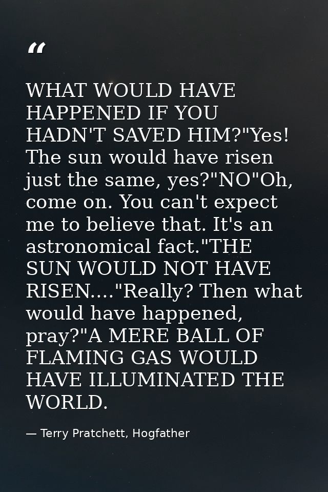 WHAT WOULD HAVE HAPPENED IF YOU HADN'T SAVED HIM?"Yes! The sun would have risen just the same, yes?"NO"Oh, come on. You  — Terry Pratchett, Hogfather