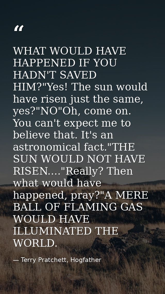 WHAT WOULD HAVE HAPPENED IF YOU HADN'T SAVED HIM?"Yes! The sun would have risen just the same, yes?"NO"Oh, come on. You  — Terry Pratchett, Hogfather