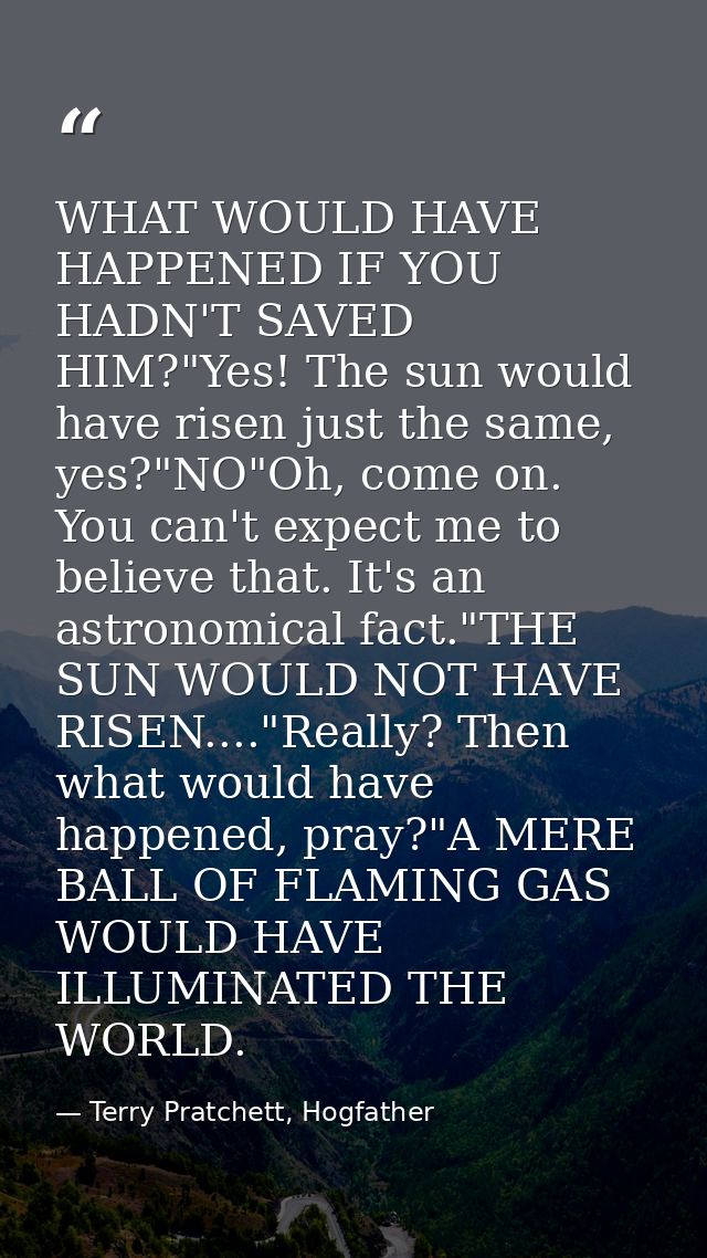 WHAT WOULD HAVE HAPPENED IF YOU HADN'T SAVED HIM?"Yes! The sun would have risen just the same, yes?"NO"Oh, come on. You  — Terry Pratchett, Hogfather