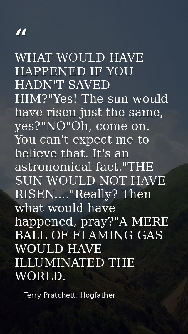 WHAT WOULD HAVE HAPPENED IF YOU HADN'T SAVED HIM?"Yes! The sun would have risen just the same, yes?"NO"Oh, come on. You  — Terry Pratchett, Hogfather