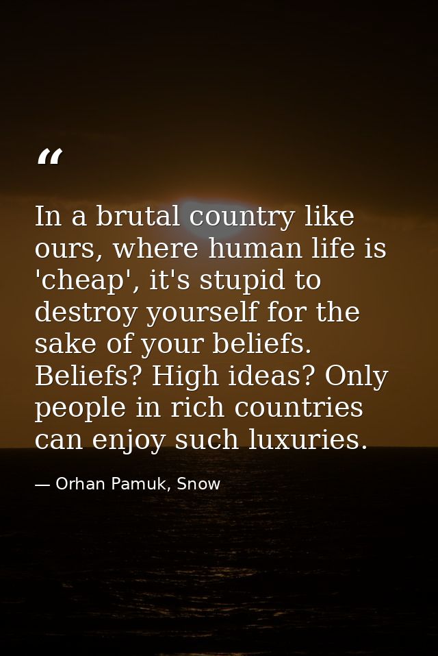 In a brutal country like ours, where human life is 'cheap', it's stupid to destroy yourself for the sake of your beliefs — Orhan Pamuk, Snow