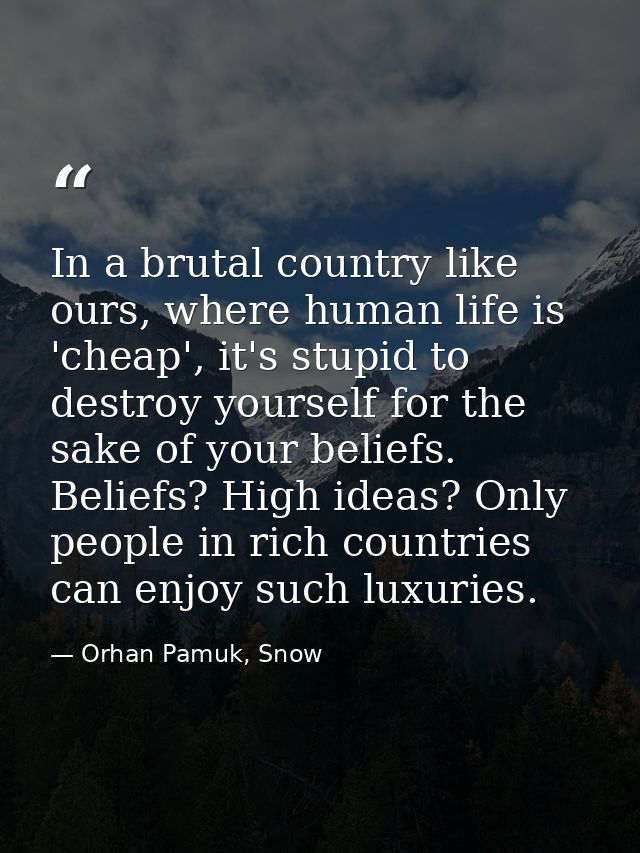 In a brutal country like ours, where human life is 'cheap', it's stupid to destroy yourself for the sake of your beliefs — Orhan Pamuk, Snow