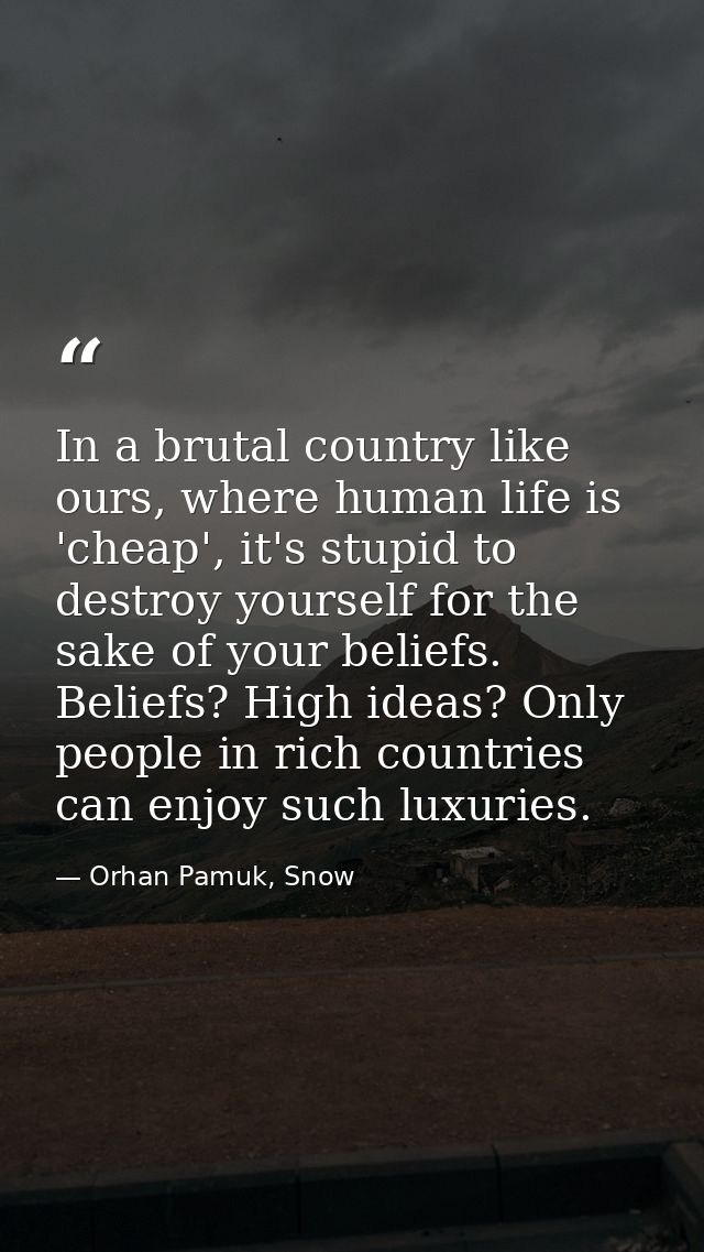 In a brutal country like ours, where human life is 'cheap', it's stupid to destroy yourself for the sake of your beliefs — Orhan Pamuk, Snow
