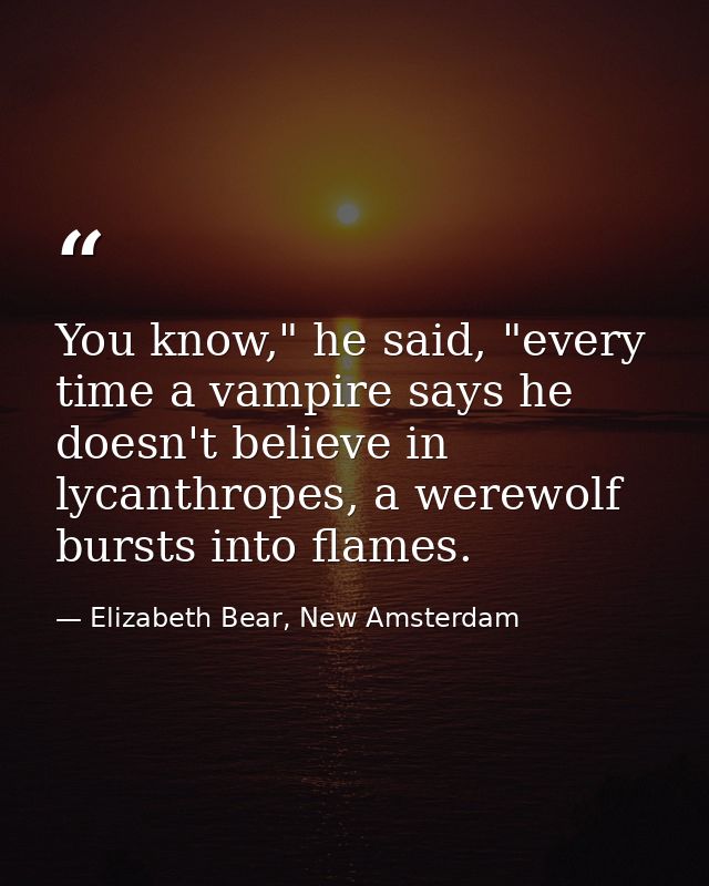 You know," he said, "every time a vampire says he doesn't believe in lycanthropes, a werewolf bursts into flames. — Elizabeth Bear, New Amsterdam