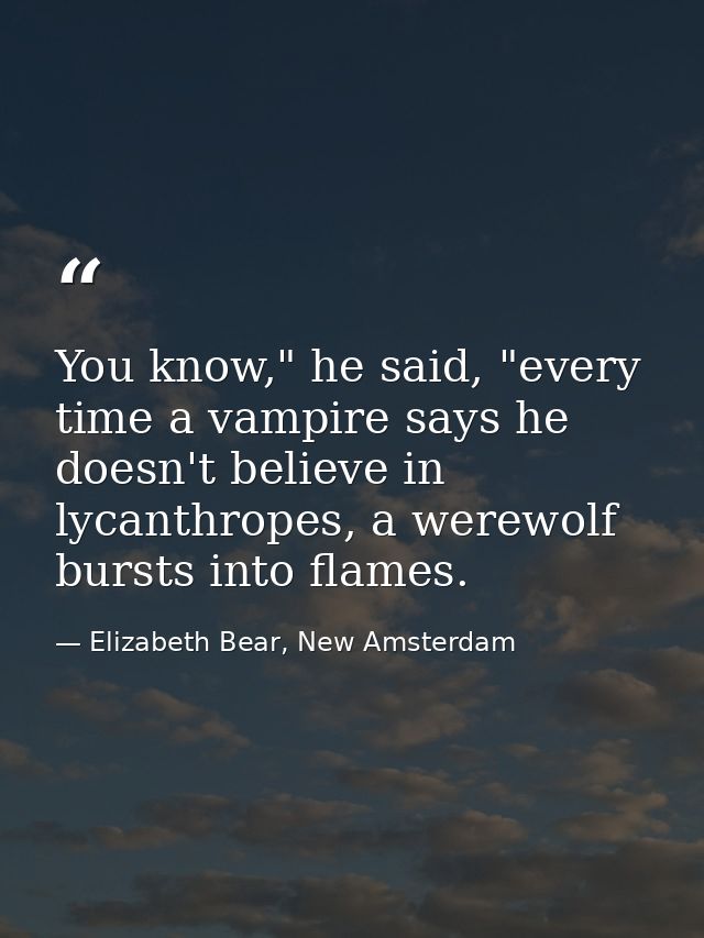 You know," he said, "every time a vampire says he doesn't believe in lycanthropes, a werewolf bursts into flames. — Elizabeth Bear, New Amsterdam