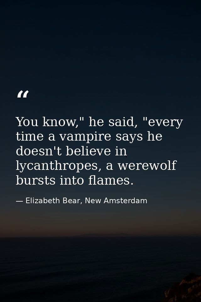 You know," he said, "every time a vampire says he doesn't believe in lycanthropes, a werewolf bursts into flames. — Elizabeth Bear, New Amsterdam