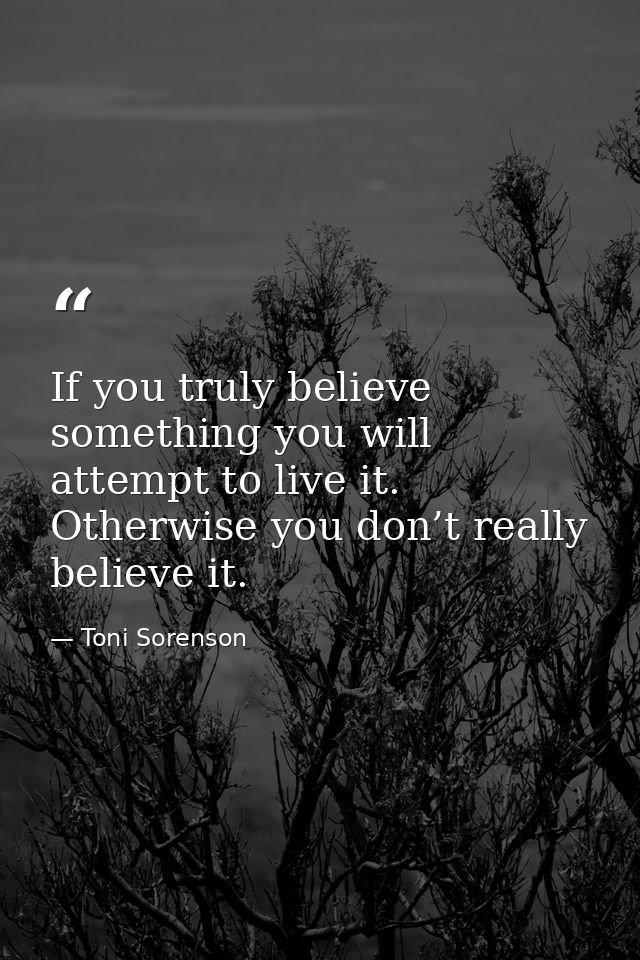 If you truly believe something you will attempt to live it. Otherwise you don’t really believe it. — Toni Sorenson