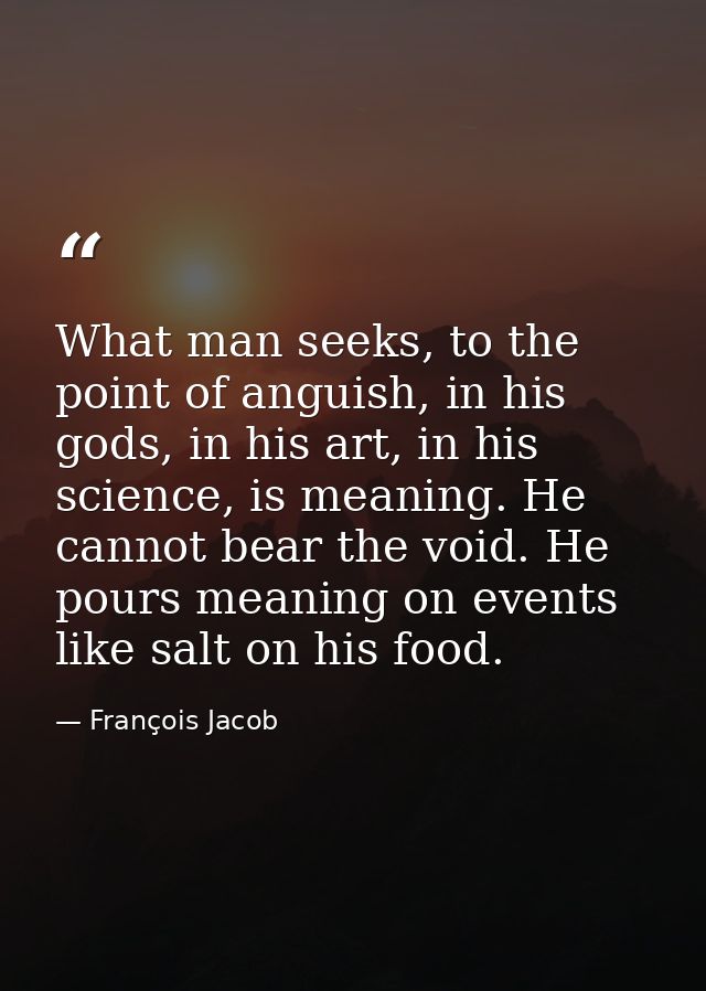 What man seeks, to the point of anguish, in his gods, in his art, in his science, is meaning. He cannot bear the void. H — François Jacob