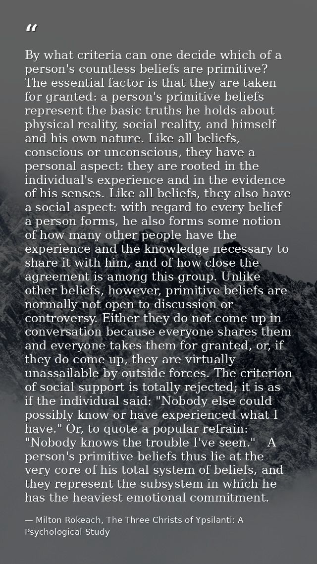 By what criteria can one decide which of a person's countless beliefs are primitive? The essential factor is that they a — Milton Rokeach, The Three Christs of Ypsilanti: A Psychological Study