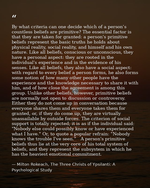 By what criteria can one decide which of a person's countless beliefs are primitive? The essential factor is that they a — Milton Rokeach, The Three Christs of Ypsilanti: A Psychological Study