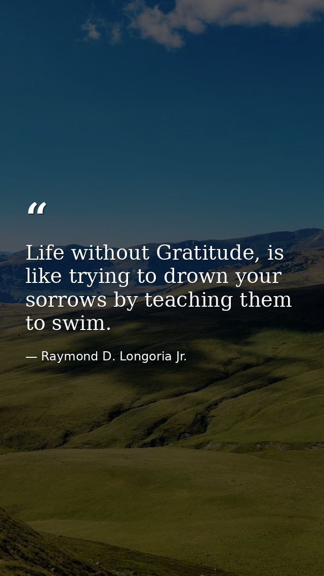 Life without Gratitude, is like trying to drown your sorrows by teaching them to swim. — Raymond D. Longoria Jr.