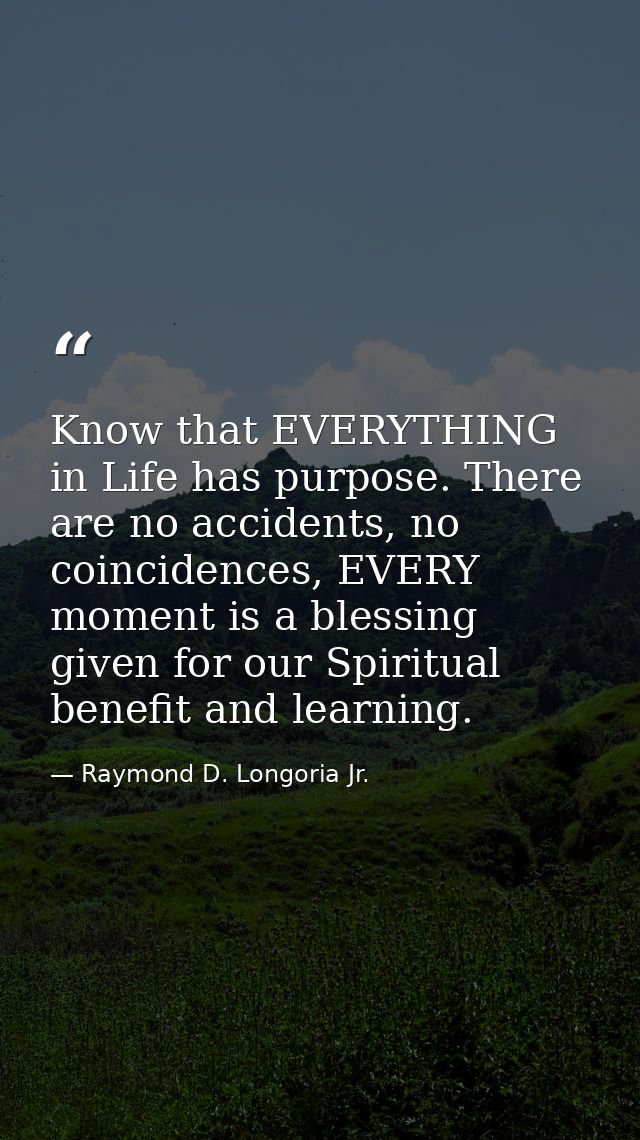 Know that EVERYTHING in Life has purpose. There are no accidents, no coincidences, EVERY moment is a blessing given for  — Raymond D. Longoria Jr.