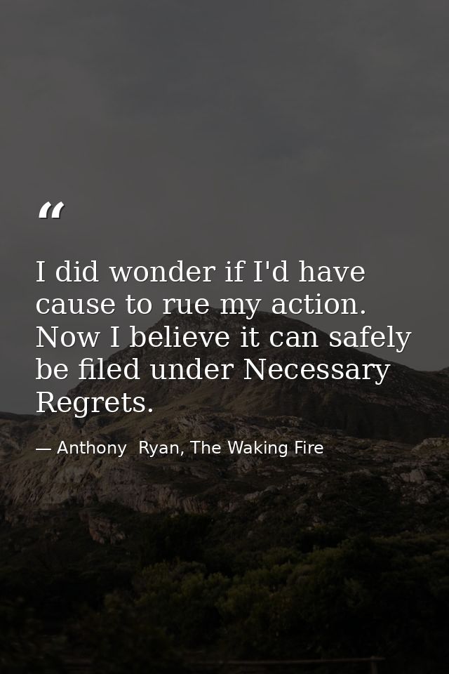 I did wonder if I'd have cause to rue my action. Now I believe it can safely be filed under Necessary Regrets. — Anthony  Ryan, The Waking Fire