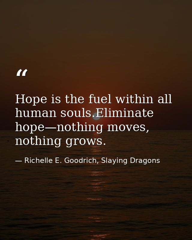 Hope is the fuel within all human souls.Eliminate hope—nothing moves, nothing grows. — Richelle E. Goodrich, Slaying Dragons