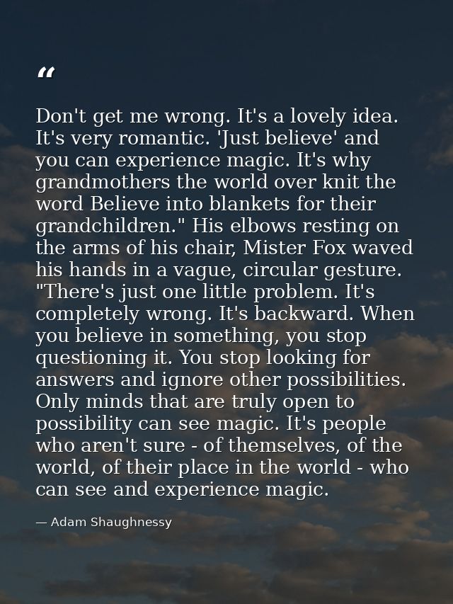 Don't get me wrong. It's a lovely idea. It's very romantic. 'Just believe' and you can experience magic. It's why grandm — Adam Shaughnessy